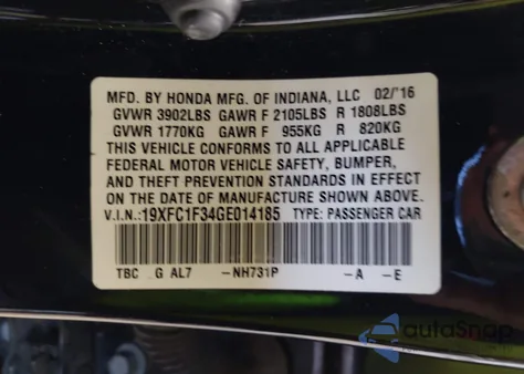 2016 Honda Civic Ex-T из США, поврежденный, VIN 19XFC1F34GE014185